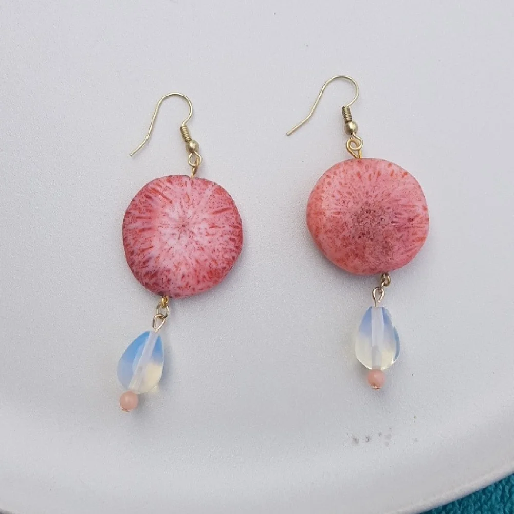 Patch & Roam Fossilized Pink Coral dangle earrings teardrop opalite nickel free - Picture 2 of 5